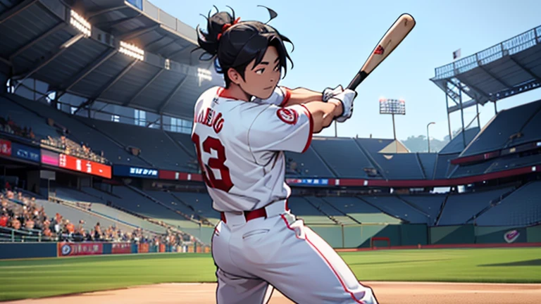 "Create a realistic image of Takefusa Kubo playing as a baseball player, specifically standing in the batter's box and hitting a pitch. He should be in a professional baseball uniform, positioned as a left-handed batter with his bat mid-swing, connecting with the ball. The background should depict a lively baseball stadium filled with cheering fans, capturing the excitement and action of a live game. Emphasize Kubo's athleticism and focus in the moment of hitting the ball."