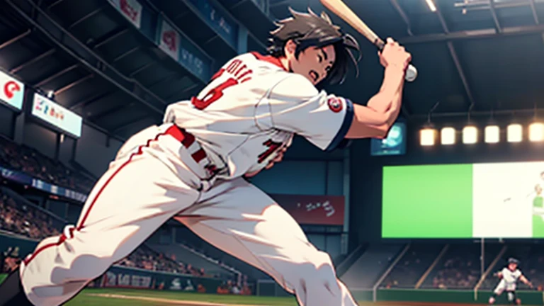 "Create a realistic image of Takefusa Kubo playing as a baseball player, specifically standing in the batter's box and hitting a pitch. He should be in a professional baseball uniform, positioned as a left-handed batter with his bat mid-swing, connecting with the ball. The background should depict a lively baseball stadium filled with cheering fans, capturing the excitement and action of a live game. Emphasize Kubo's athleticism and focus in the moment of hitting the ball."