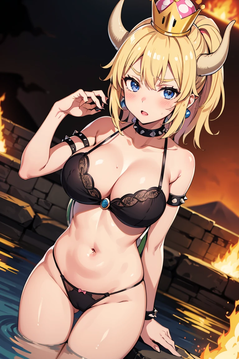 best quality, high resolution, large breasts, blonde hair, blush, embarrassed, cowboy shot, looking at viewer, bowsette, pink lip, (into the volcano), (bathing in lava), sexy legs, black lingerie,