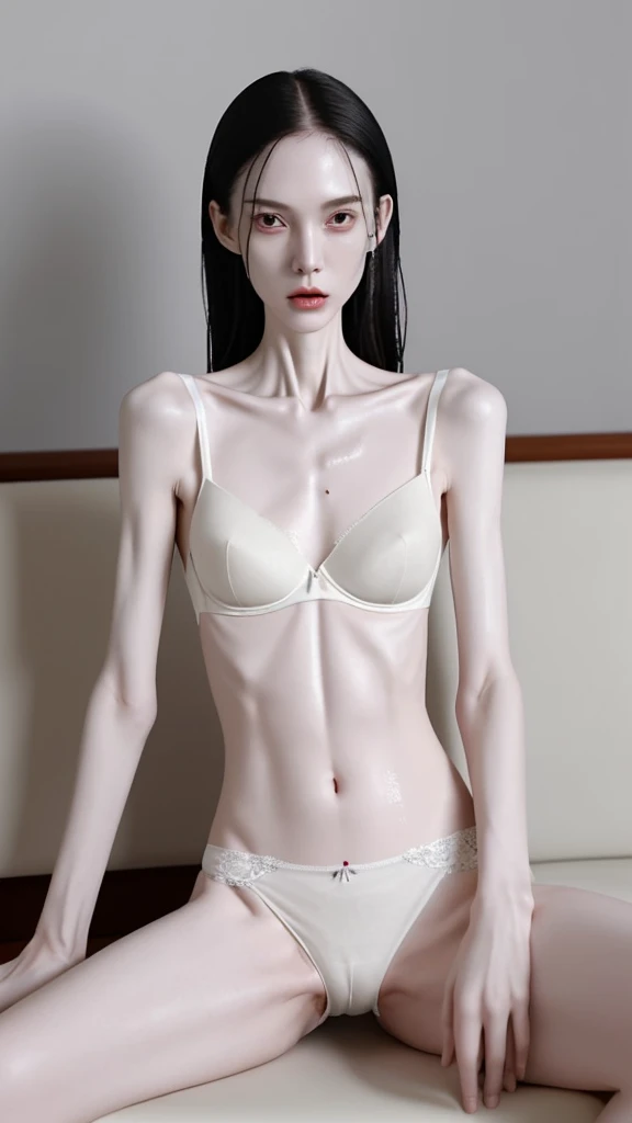 a woman, very thin body, body visible bones, very slender, sweaty wet body, pale white skin, panties, bra,tatto, full body, has a mental breakdown in a room, sit on sofa , high detailed