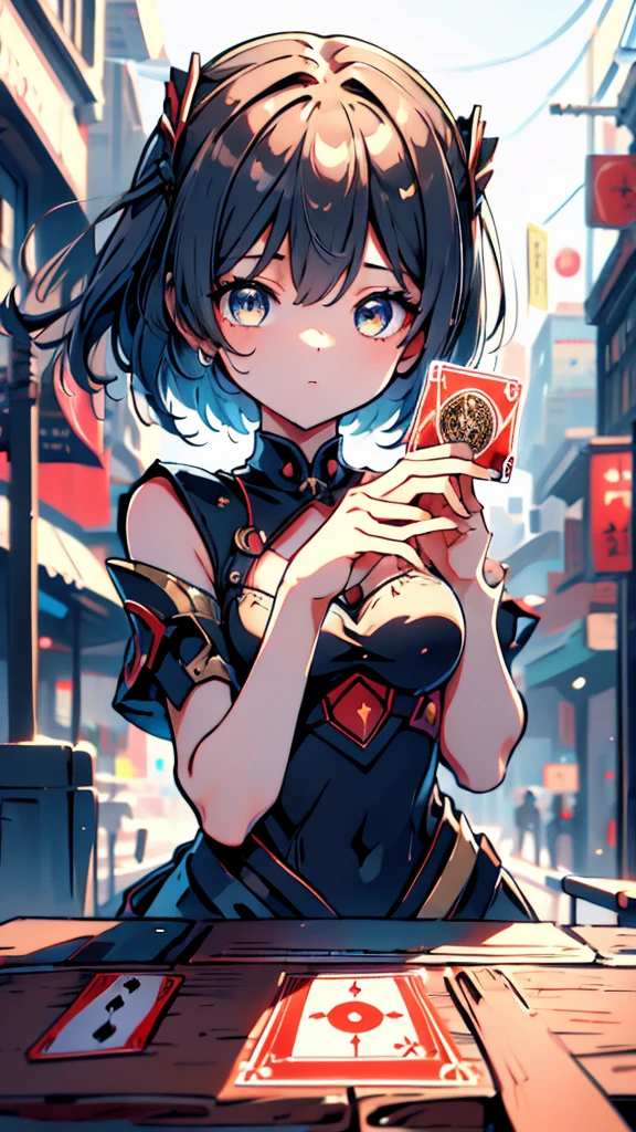 Cards,There are many cards floating in the sky,Girl holding cards,Girl holding a card,Fantasy style,Magic Style,Sci-fi style,Sci-fi style与Magic Style,A girl holding a card with many cards floating behind her,Girl holding a card between two fingers,Girl holding cards,Correct human body structure,Correct body proportions,Girl holding a card,Girl holding cards,The girl holds a card in her hand,Street background,现代Street background,现代都市Street background,Magic Style的背景,Modern urban background,Cards floating in the sky,Cards floating in the background,Upper body close-up,Close-up above the waist,背景中有很多Cards floating in the air,Cards floating in the air,Tarot cards floating in the air