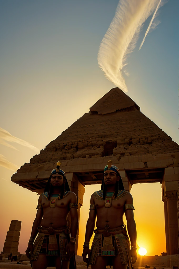"Illustrate the grandeur of the ancient Egyptian pyramids under a setting sun, with workers in the foreground."