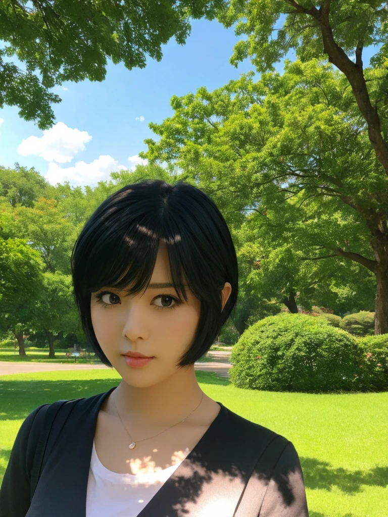 Park Background、masterpiece, Black Hair，Highest quality, figure, Ultra-detailed, finely, High resolution, 8K Wallpaper, Beautiful and fine details, short hair,Color Lip, cute,cute