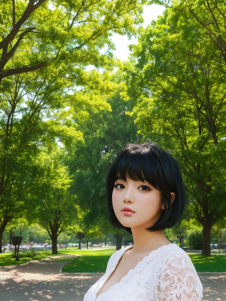 Park Background、masterpiece, Black Hair,Highest quality, figure, Ultra-detailed, finely, High resolution, 8K Wallpaper, Beautiful and fine details, short hair,Color Lip, cute,cute