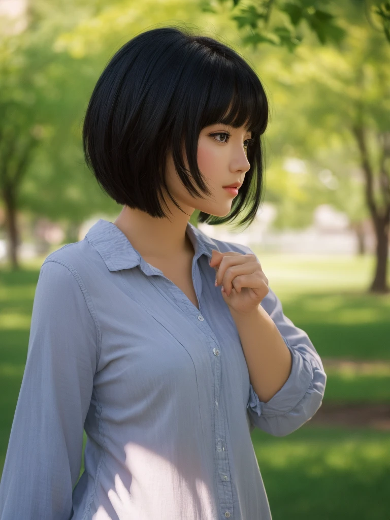 Park Background、masterpiece, Black Hair，Highest quality, figure, Ultra-detailed, finely, High resolution, 8K Wallpaper, Beautiful and fine details, short hair,Color Lip, cute,cute