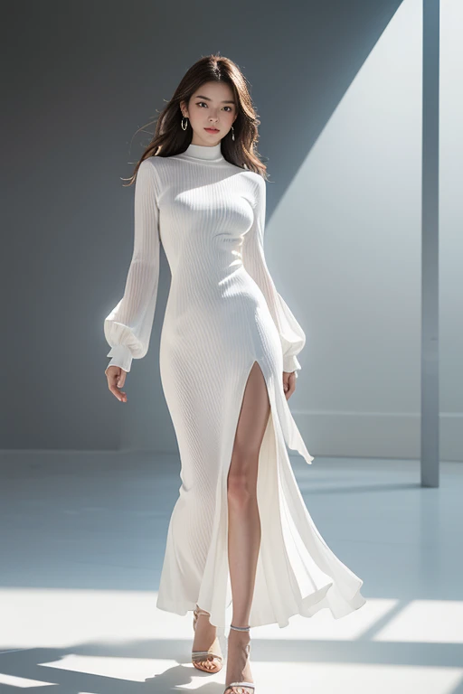 highest quality、4K、Beautiful lady、Perfect Face、Perfect Style、perfect body、Sunburn、beautiful lady、mature、long curly layer brown hair、Swept-back hair、full body, sexy 、charming、healthy、She is wearing a long, elegant white dress with long sleeves, featuring a high slit that reveals one of her legs as she strides forward.
BREAK（Futuristic architecture design,smooth white ribbed structure creating curves,design suggesting flexibility,monochromatic color scheme emitting serenity,surface softly reflecting light,delicate gradation,stillness akin to being enveloped in morning mist,minimalism,simple yet impactful sculptural beauty,spirit of modernism architecture,shadow play through light manipulation,harmony between structure and space,sculptural elements as visual art,fusion of advanced technology and nature,photorealistic rendering）