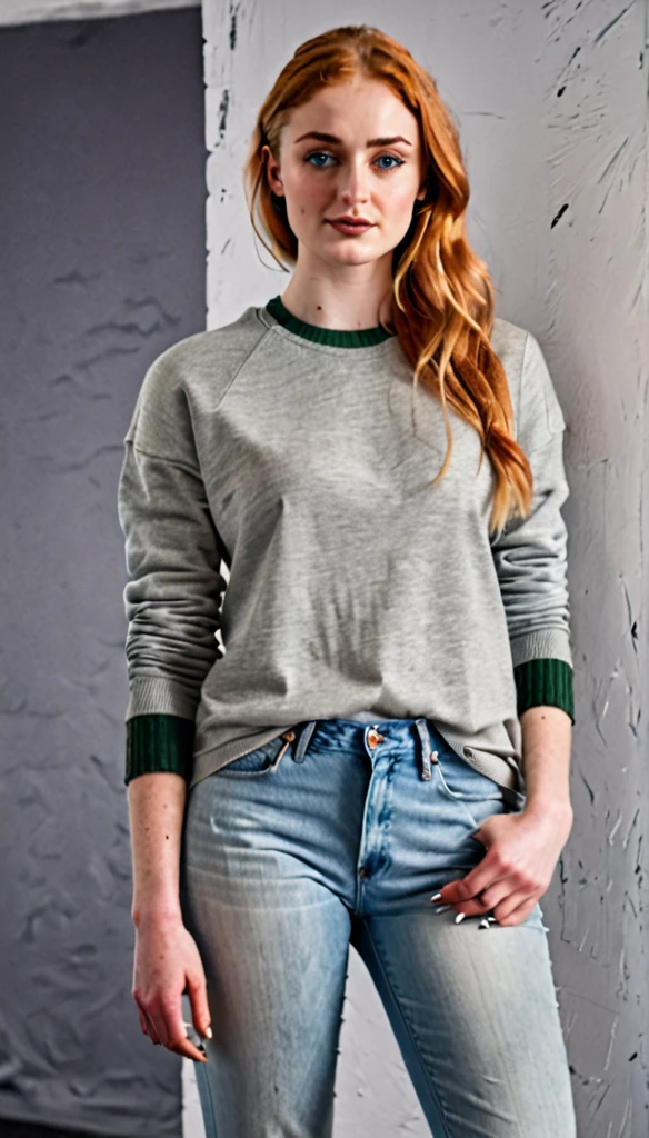 Sophie Turner in casual clothes, full upper body, high quality, photorealistic, hyperrealistic, 1 woman solo, stunning cinematic photo