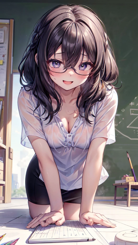 (Ultra-high resolution of the highest quality, masutepiece, Best Quality, 8K, Super Detail, Best Quality:1.3), (Anatomically correct:1.2), (1 elementary school female teacher:1.6), (large breasts:1.2), (drooping eyes:1.3), (blush cheek, blush body:1.3), (wavy hair, braid hair:1.2), (long hair:1.2), (black hair:1.2), (glasses:1.3), (white blouse, pencil skirt:1.7), (white lace bra:1.2), (class room:1.1), front view, Extremely cute, (extremely detailed beautiful face), Authentic skin texture, beautiful hair, beautiful face, beautiful eyes, beautiful body, beautiful hands, (clothed:1.6), (aroused, naughty face, seductive smile:1.8), (trance, happy:1.8), (steam:1.4), (hair over eyes:1.5), (looking down:1.3), (open mouth:1.4), (face focus:1.6), cleavage breasts focus, (from below:1.3), (all fours:1.6), (slouching forward:1.6), (leaning forward:1.6), (over size blouse:1.4), (stroke a another's head:1.6)