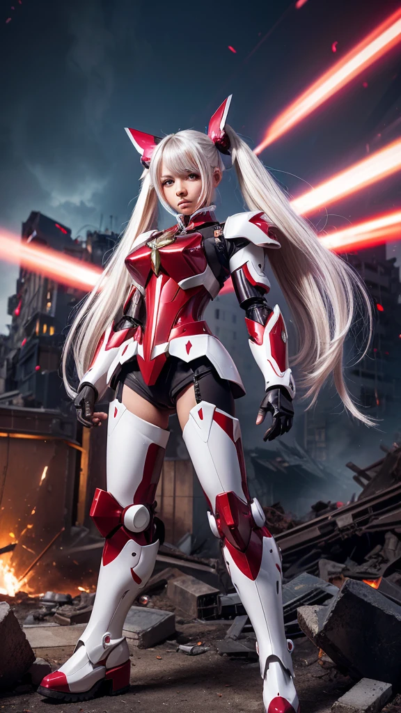 mecha style magical girl, White long hair styled in twintails, red eyes, wearing a crimson coloured Magical girl style mecha armor, full body in picture turned towards viewer, backround is a destroyed city