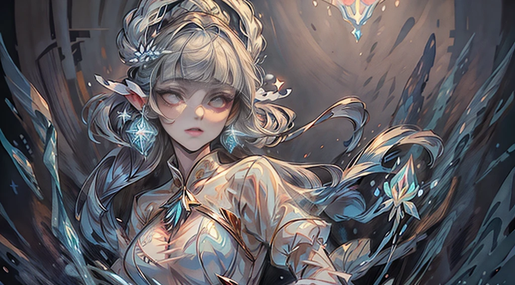 ((masterpiece)) a mature woman with full pale lips and glowing ice eyes with snowflakes in them, iridescent blunt bangs and long floating hair, bioluminescent transparent clothing, ethereal atmosphere, delicate face, wide variety of pastel shades, realistic, surrounded by bubbles and holographic stars, petals, glittering