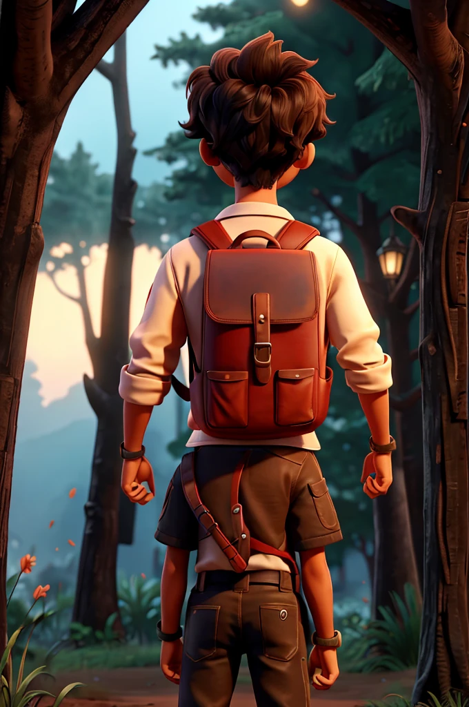 Brown teenager with his back watching a man with a red mask on his face at night in the forest