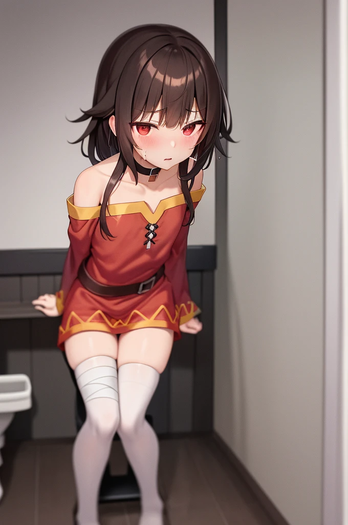 megumin's style, megumin, nsfw, masterpiece, 1girl, traced lights, gorgeous, morning, ((pussy)),vuvla, sensual, cute, cozy, long socks, standing, neck lace, short hair, brown hair BREAK red eyes, no_panties, embarassed, red tunic,