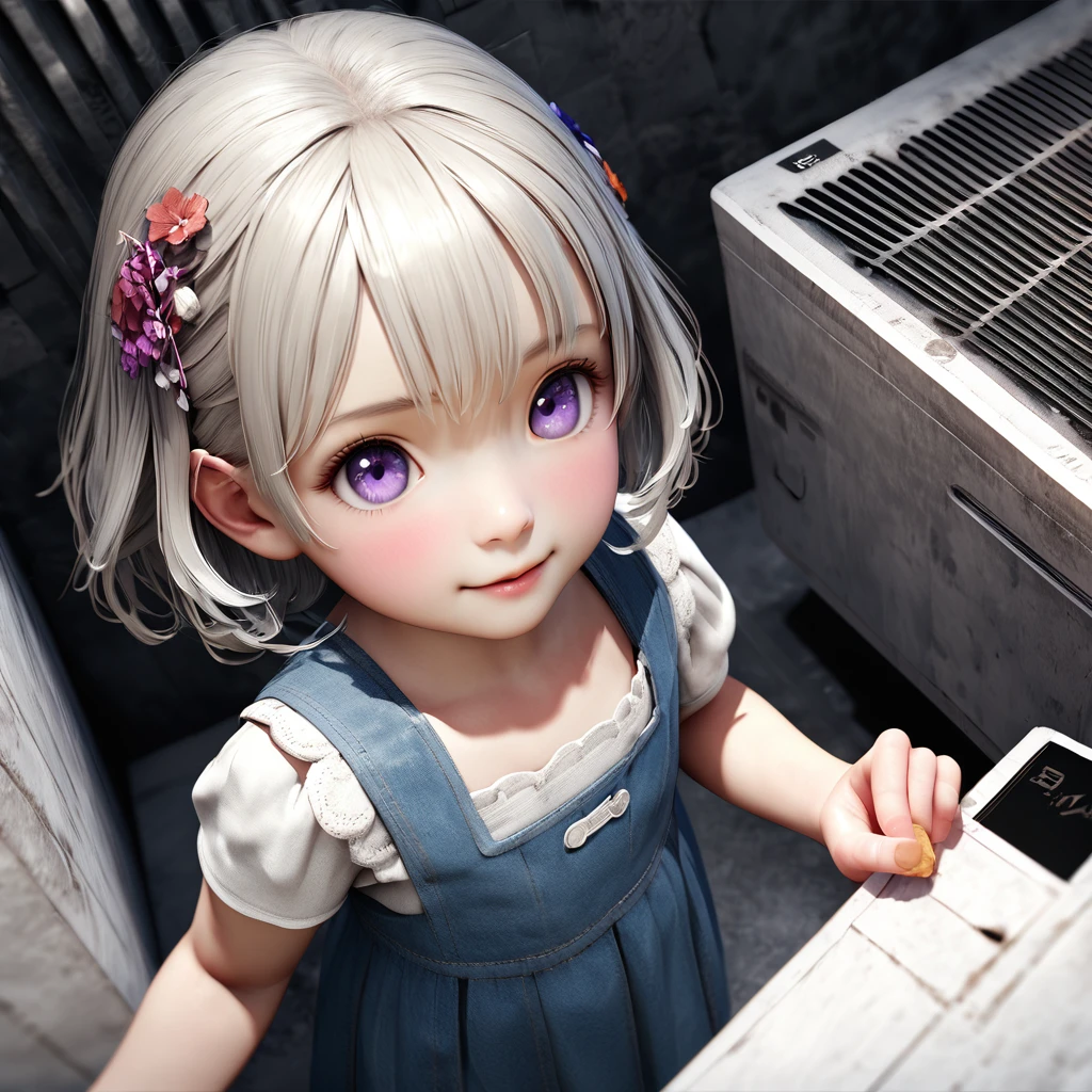 masterpiece, Highest quality, Very detailed, High resolution, An expensive solution, High resolution, 4K, 8K, ユニティ 8K 壁紙, Very detailed CG, masterpiece, Realistic, 2D, 3d, Beautiful details, depth, Fine texture, Super quality: 1.3, Fully focused, Crispy.skin, .he, Very cute anime girl about 3 , Expensive silver short hair, Girl about 3 years oldpretty blue dress, blush, Mole, Part your lips, hair ornaments, heart, Purple eyes、Hold a condom in your mouth、A defiant smile、Lifting her skirt, a dark alley、Sit on the air conditioner's outdoor unit、Crotch close-up、Angle from below、underwear、Translucent slip、Spread your legs、Peeking from below