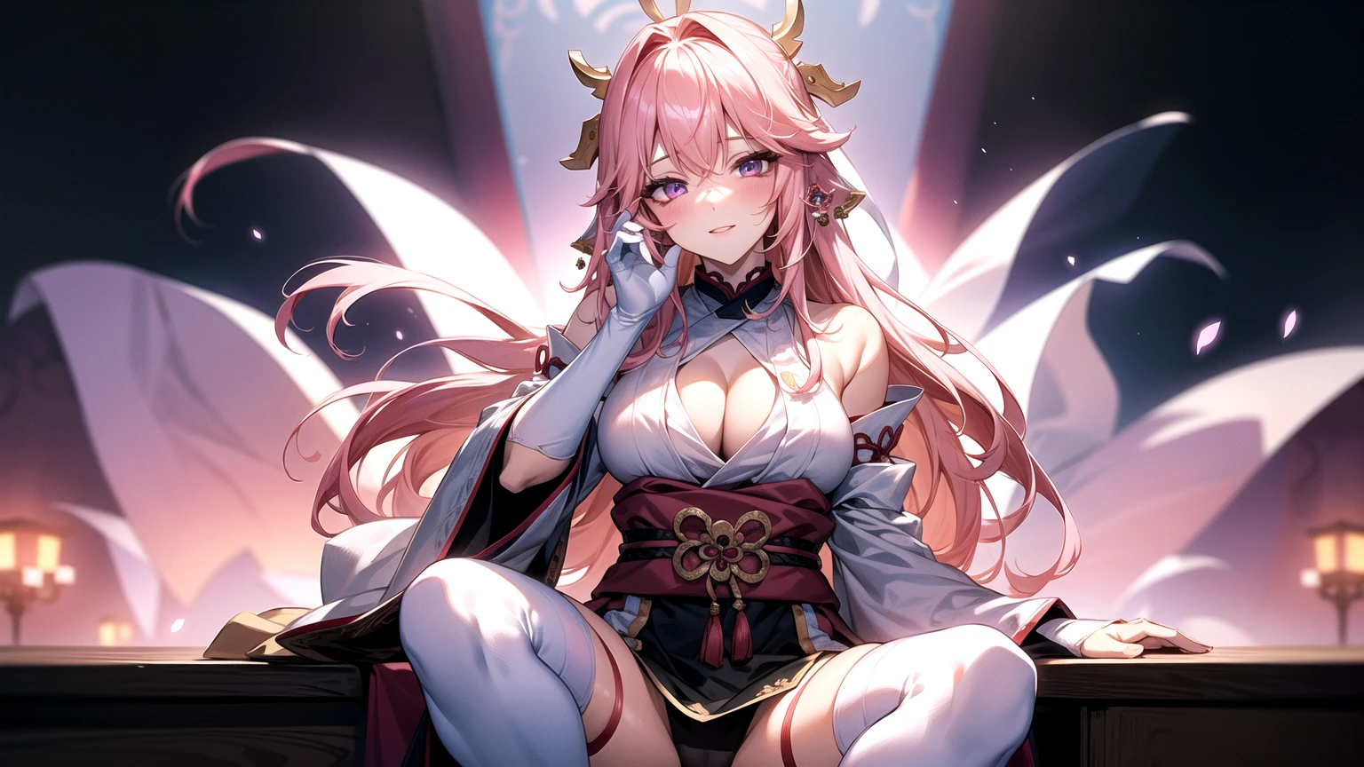 One girl， （Urzan-6500：0.7）， K-Pop Idols， yae miko， ， Exposed bare shoulders， Pink Hair， Long white hair， Japanese clothing， The best quality at its best， （da pintura：1.5）， （hair ornaments：1.35）， gem， Purple eyes， 耳Nipple Ring， Huge cleavage， Depth of written boundary， Detailed face， Face Focus， ribbon_trim， （View your viewers：1.25）， Non-traditional Shrine Maiden， Glossy Skin， Long sleeves， Thick lips， Game CG， （Blur the background：1.2）， Sit， Upper body，  whole body、Put your head on the urinal，Yogurt all over、whole bodyが濡れている、One girll, , Obscene, Pee, Urine，garbage,masterpiece, Highest quality, Very detailedな,Knee-high socks、Long white elbow gloves Black calf socks、Open your thighs wide to the left and right､地面にSquat、Showing your crotch to the audience, ((、Squat, Spread your legs:1.3, Flat lighting、Elevation、Sexy pose、Highest quality、Complex、Surreal、perspective, Very detailed, Detailed Background, shape、1 Girl、alone、Big Breasts、A light smile, Embarrassing, blush,