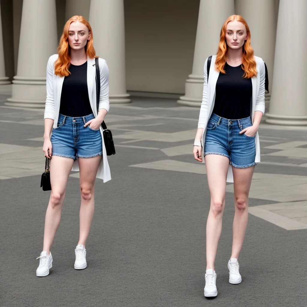 Sophie Turner alone in casual clothes, full upper body, high quality, photorealistic, hyperrealistic, 1 woman solo, stunning cinematic foto