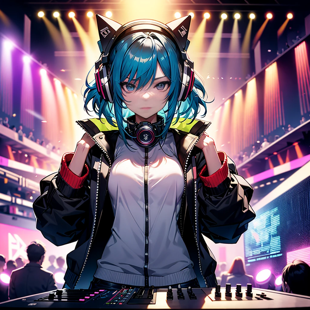Ama Liu, a striking figure with Sensual Sharp Eyes, is depicted in an Enlarged depiction of the upper body, capturing the attention of all who see her. As a Female DJ, she graces the stage of a vibrant underground Nightclub, her Colorful clothes and Playful accessories adding to her imaginative and creative aura. A high-quality image, with a skin texture that showcases Intricate details, places you right in the heart of the department theater where people are dancing on the dance floor, immersed in the rhythm. The DJ headphones, Mixing Console, and Cinema Lighting all contribute to the Voluntary immersion into her music, transform