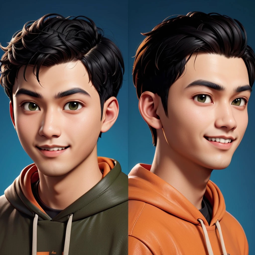 Create a cartoonish caricature 3D animation of a big-headed. a 19 year old Indonesian man. She has short black pixie cut hair. His face is oval with smooth lines, thick and neat black eyebrows, normal eyes, a small, sharp nose, and thin lips with a wide, friendly smile. He wore a dark green hoodie over an orange t-shirt. Gradient blue background. masterpiece, top quality, highly detailed skin and face, ultra-realistic, high definition, sharp focus, 2/3 body, front facing, symmetrical, Concept Art.