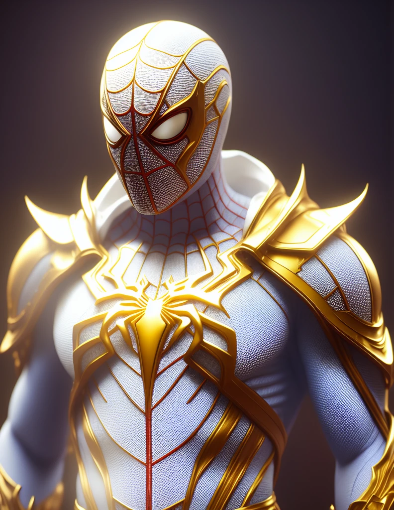 a close up of a statue of a man with a gold and white costume, super detailed render, 3 d render character art 8 k, intricate white and gold armor, full samurai armor spiderman, high detail iconic character, 8k render”, octane render ”, octane render”, super detailed octane render, super rendered in octane render, hyper detailed 3 d render, futuristic style spiderman