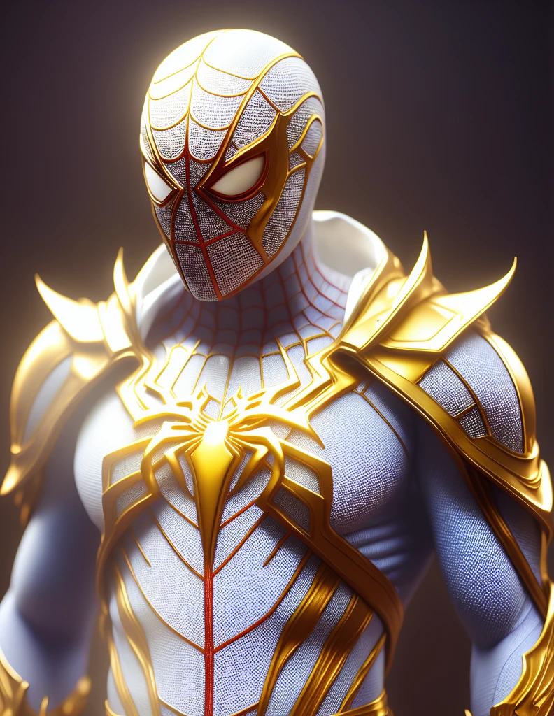 a close up of a statue of a man with a gold and white costume, super detailed render, 3 d render character art 8 k, intricate white and gold armor, full samurai armor spiderman, high detail iconic character, 8k render”, octane render ”, octane render”, super detailed octane render, super rendered in octane render, hyper detailed 3 d render, futuristic style spiderman