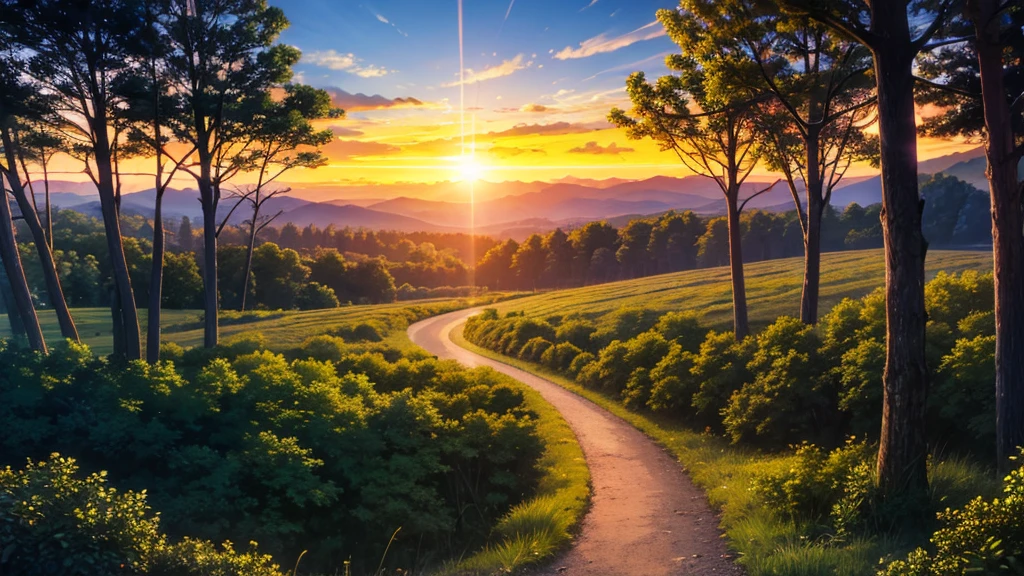 sunset anime surreal dusk, timelapse, forest, nature