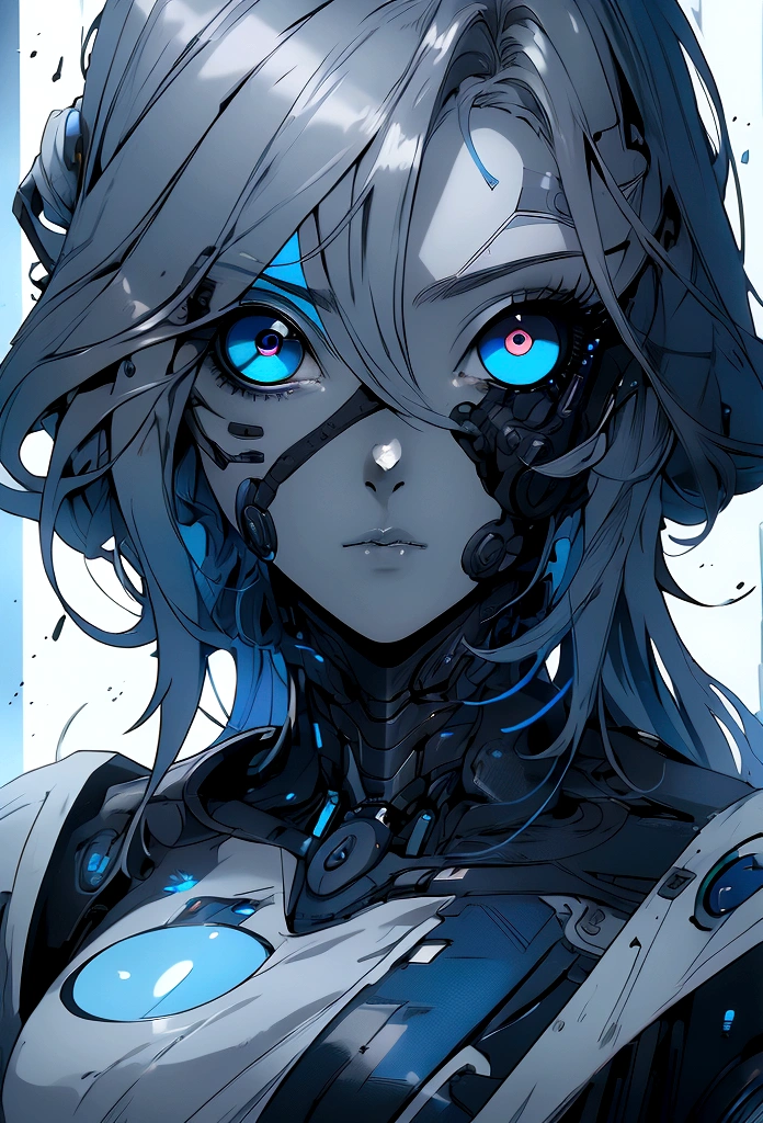 (masterpiece, 32k, 8k, white laboratory corridor setting, character walking towards the viewer) woman, 30s, naturally beautiful face, blank expression, cyberpunk style clothing, ((eyes of different colors, one blue eye and the other gray eye))