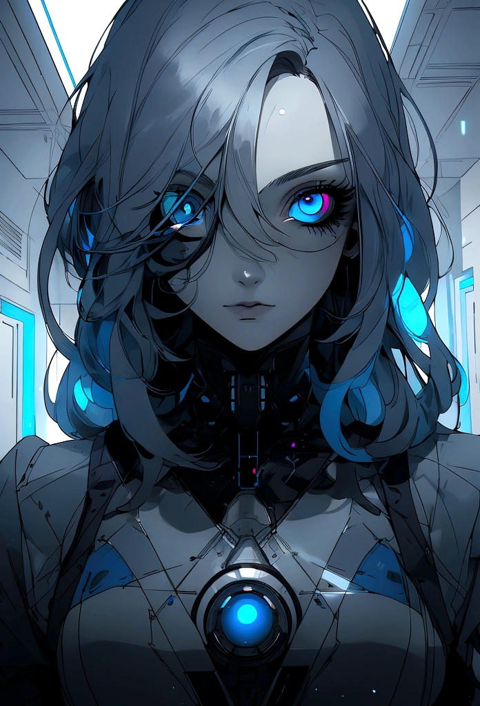 (masterpiece, 32k, 8k, white laboratory corridor setting, character walking towards the viewer) woman, 30s, naturally beautiful face, blank expression, cyberpunk style clothing, ((eyes of different colors, one blue eye and the other gray eye))