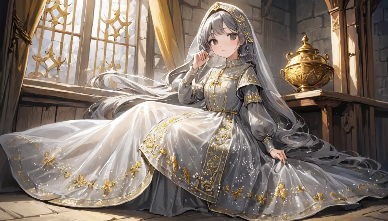 girl, Gold and silver embroidery, White-gray pearl medieval long dress（With panniers）, Translucent fabric, Pull up the dress by hand, Strong winds, Translucent slip, Grey translucent tights, Peeking from below, Highest quality, Disorder of clothing, sit
