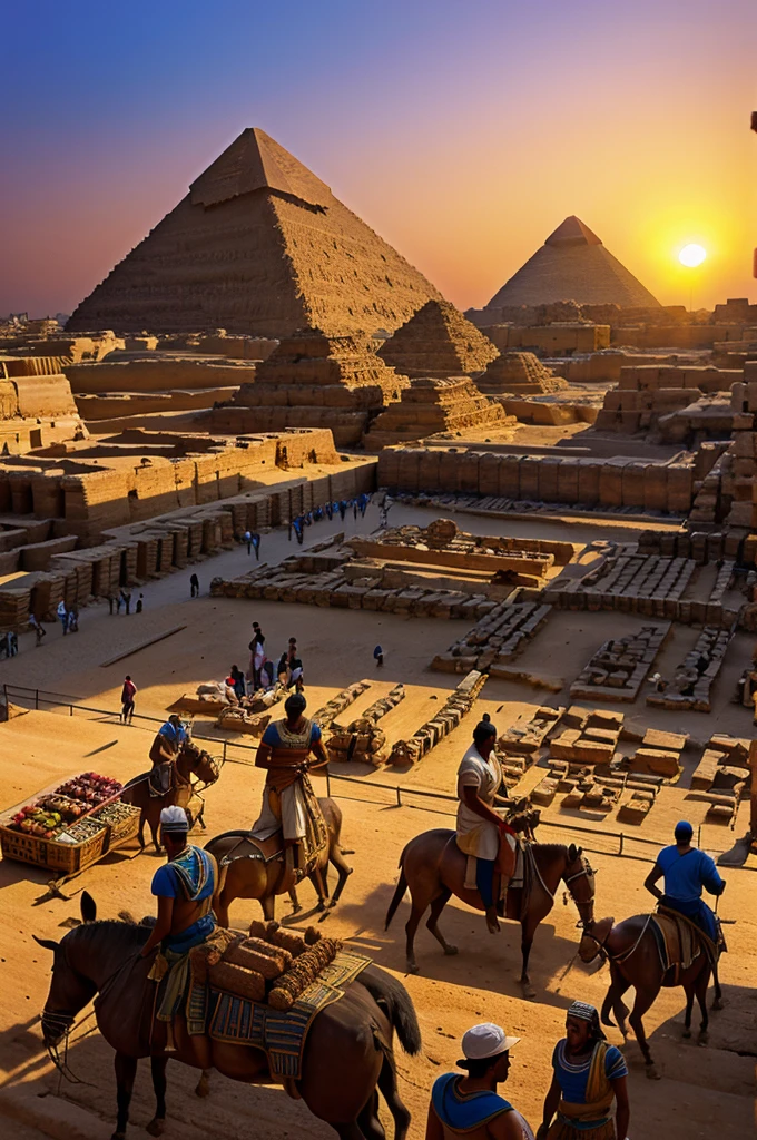 Illustrate the grandeur of the ancient Egyptian pyramids under a setting sun, with workers in the foreground."
"Depict a bustling market in the city of ancient Rome, showcasing diverse merchants, goods, and Roman architecture."