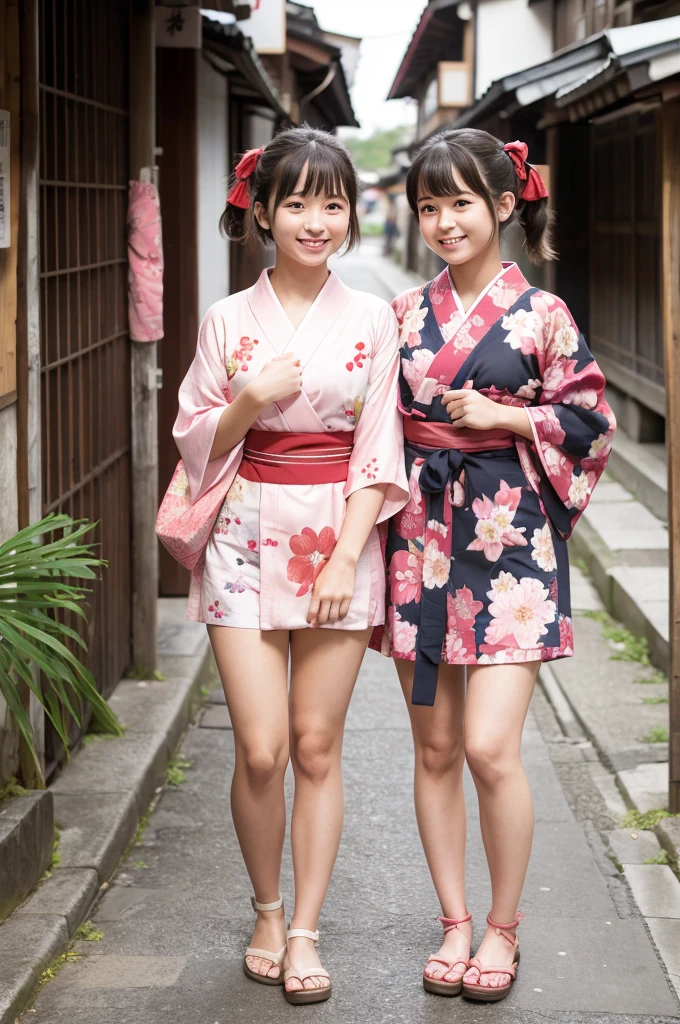 2 girls standing in old-Japanese street,floral pink yukata with red obi,18-year-old,bangs,a little smile,thighs,knees,short hair and low pigtails with red ribbon bow,from before,front light
