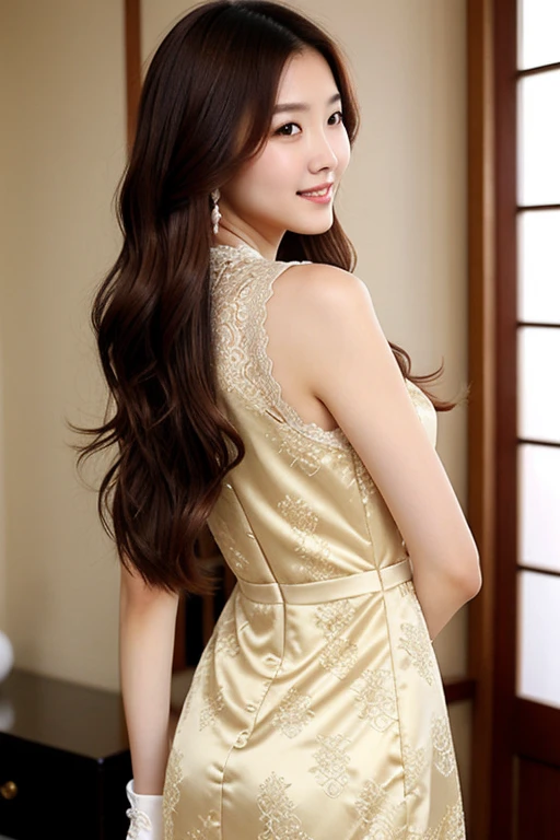 Japanese women、brown hair、semi-long hair、interior color((Hair color inside))、Sexy proportions、slender and tall、Wear a high-necked dress decorated with lace.、sleeveless、Wear long gloves that go up to your upper arm.、Turn your butt over to me.,