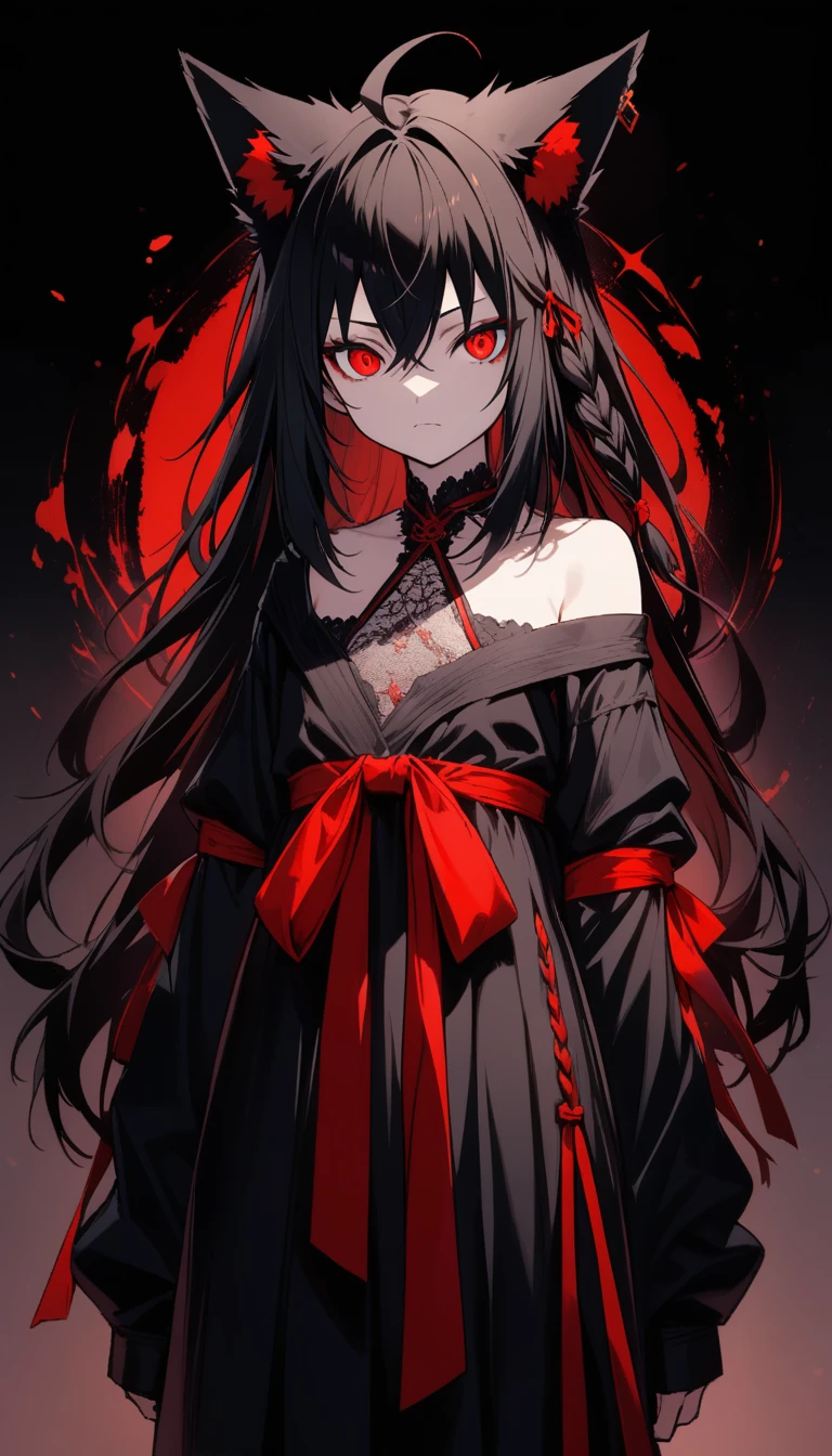 {{{masterpiece}}}, {{{best quality}}}, {{ultra-detailed}}, {illustration}, {{an extremely delicate and beautiful}}, kurokami fubuki,fox girl,black hair,braid,ahoge,animal ear,red eyes,red ribbon,black shirt,off shoulder, whole body, , very long hair, ahoge, small_breasts, absurdres, highres, very precise detailed, {{{beautiful detailed eyes}}},