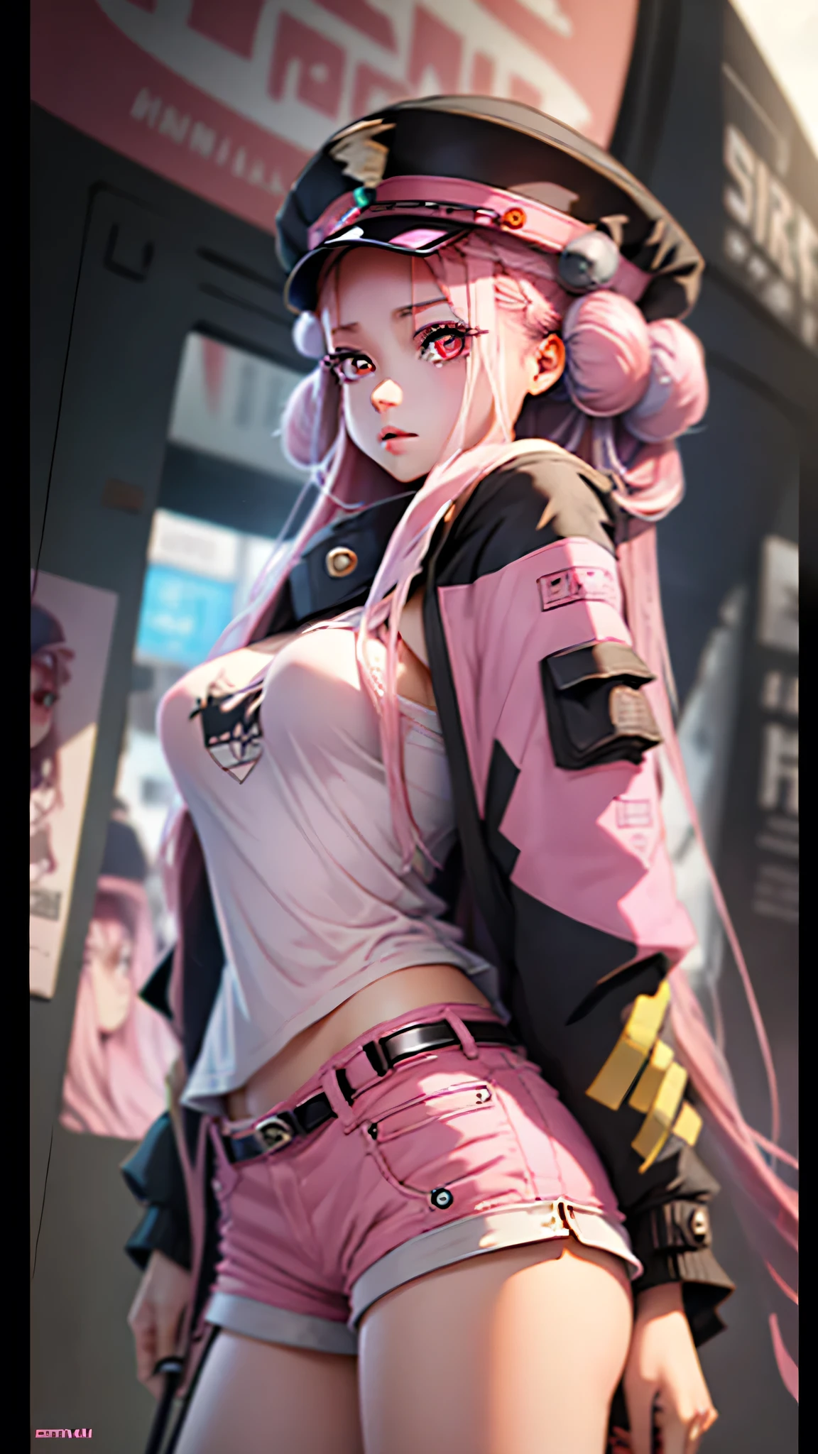 Beautiful woman medium hair, Wearing a hat, Cyberpunk Shorts,masterpiece, Highest quality, High resolution, (An illustration),{Detailed and beautiful eyes}, finely, Detailed and beautiful eyes,(((Pink Eyes))),(((Long pink hair))),(Small breasts),Kunimi Tama,