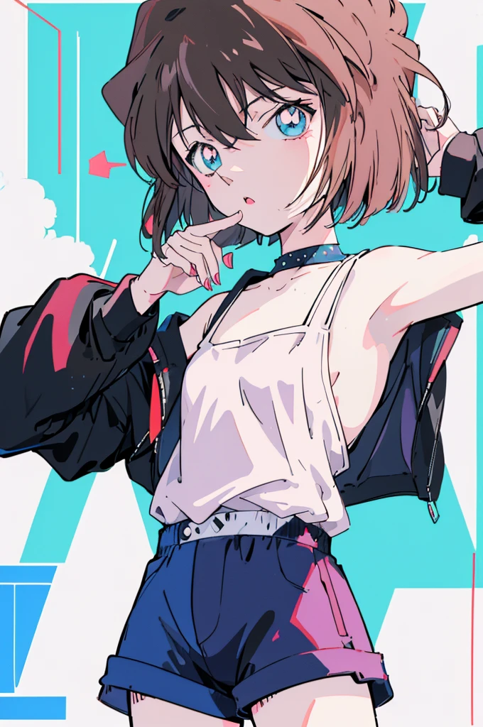 anime style, (1girl in, Solo:1.0), (Haibara Ai), ((Short pants)), (((Big eyes))), (Cute anime girl head), (flat chest),looking at viewer,With a height of 100cm, shoot from front, (head shot), Simple line minimalism, Abstract Art, City background, anime opening movie