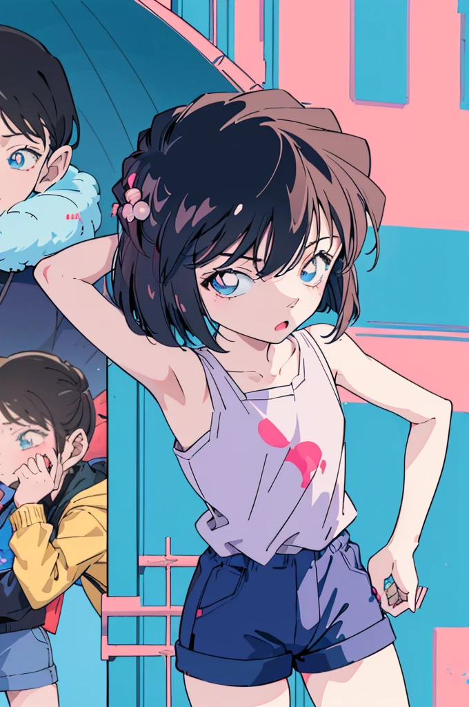 (masterpiece, highest quality), Bedroom, 1 girl, , , ,anatomically correct body, flat chest, (crop top), (shorts with zipper removed), (open fly), (kids panties), in a colorful Bedroom, lying in bed, From above, morning, bright sunlight, white, bright colors, watercolor、short cut hair、Sweat