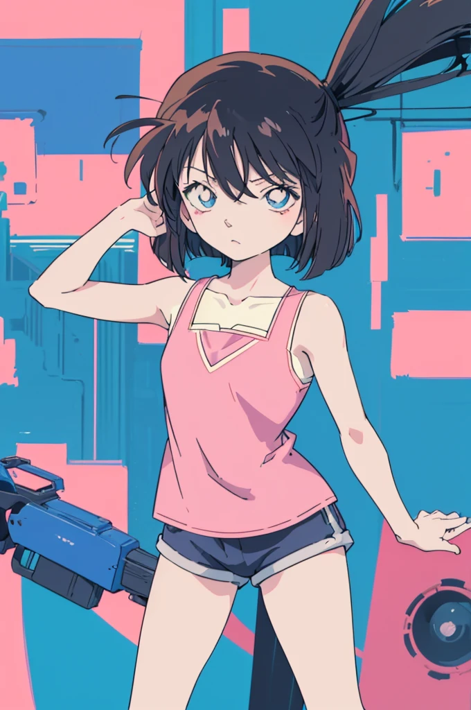 anime style, (1girl in, Solo:1.0), (Haibara Ai), ((Short pants)), (((Big eyes))), (Cute anime girl head), (flat chest),looking at viewer,With a height of 100cm, shoot from front, (head shot), Simple line minimalism, Abstract Art, City background, anime opening movie