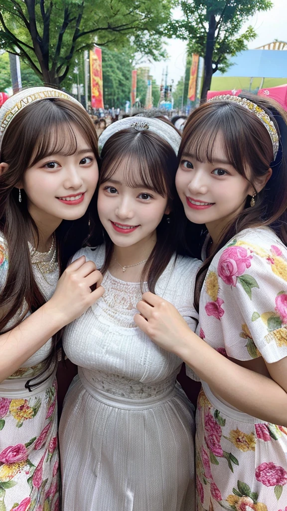 Realistic , photorealistic , masterpiece , best quality , super quality , ((ultra detailed)), extremely detailed , highers , Raw Photo , 16k portrait , curvy , big Smile , full body , Beautiful and pretty hair , ultrahappy , (Playing in groups) , casualdress , Side angle , (Group hug) , festival 