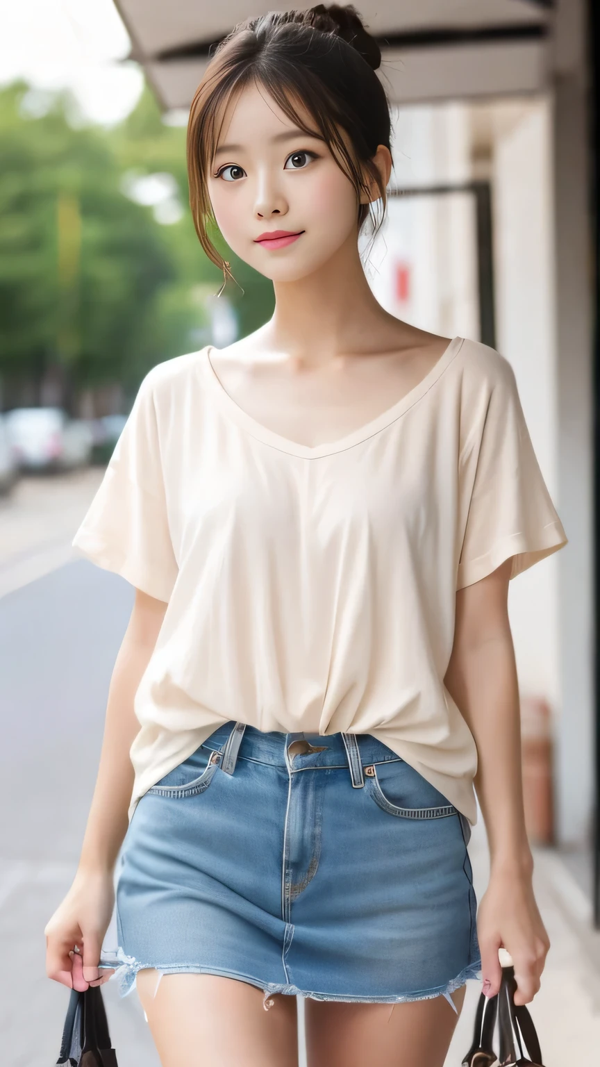 Sunburn marks on tanned skin、blush、Blonde bun hair,A cute 17-year-old girl with a cute look, A strong wind blows my hair in front of my face、Beautiful big sparkling eyes, Cute eyes hidden by long bangs、Yawn、No visible nasolabial folds、A short, light-colored miniskirt、A summer shirt with cute colorful patterns、Korean Beauty、Cheeks