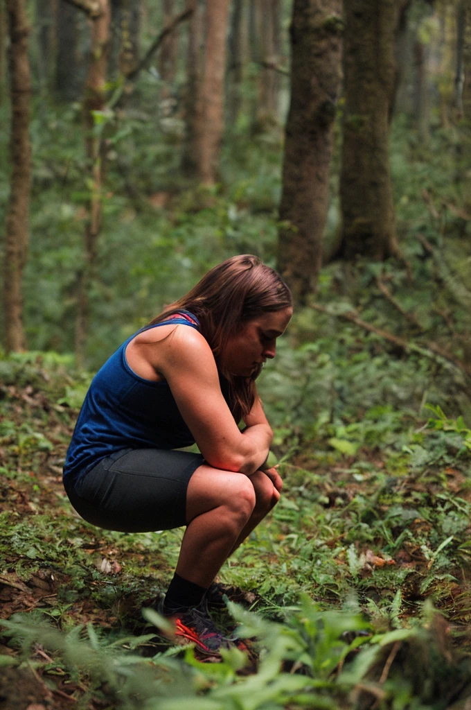 A photograph of a girl squatting with her head bent in a dense forest looks mysterious, dimly lit, and faintly misty.