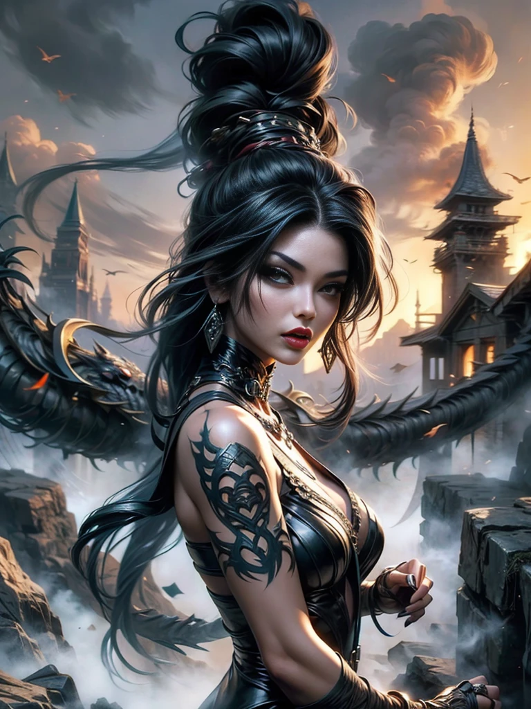 A very beautiful slender female demon with expressive beautiful black eyes, very long flowing black hair, and a sensual mouth. A rocky dark gorge, in the distance in the background you can see an ancient castle and dragons flying over it. A beautiful painting by Luis Royo, fine lines, high definition, lots of detail.