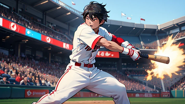 "Create a realistic image of Takefusa Kubo playing as a baseball player, specifically standing in the batter's box and hitting a pitch. He should be in a professional baseball uniform, positioned as a left-handed batter with his bat mid-swing, connecting with the ball. The background should depict a lively baseball stadium filled with cheering fans, capturing the excitement and action of a live game. Emphasize Kubo's athleticism and focus in the moment of hitting the ball."