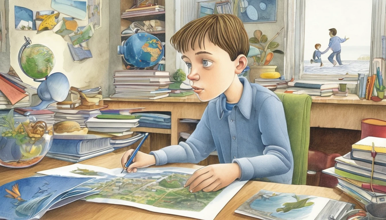 Create an illustration in the style of David Wiesner, the American illustrator, depicting an autistic ager who uses his specialized knowledge to help improve the mental health of several left-behind children. The illustration should reflect the power of knowledge and the value of education.