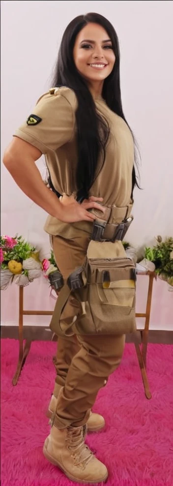 Mujer de estatura y complexion media, dark brown hair almost black and straight not so long, banita sonrisa y ayuelos, ohos medio y negros military uniform, rounded face, realistic, 4k