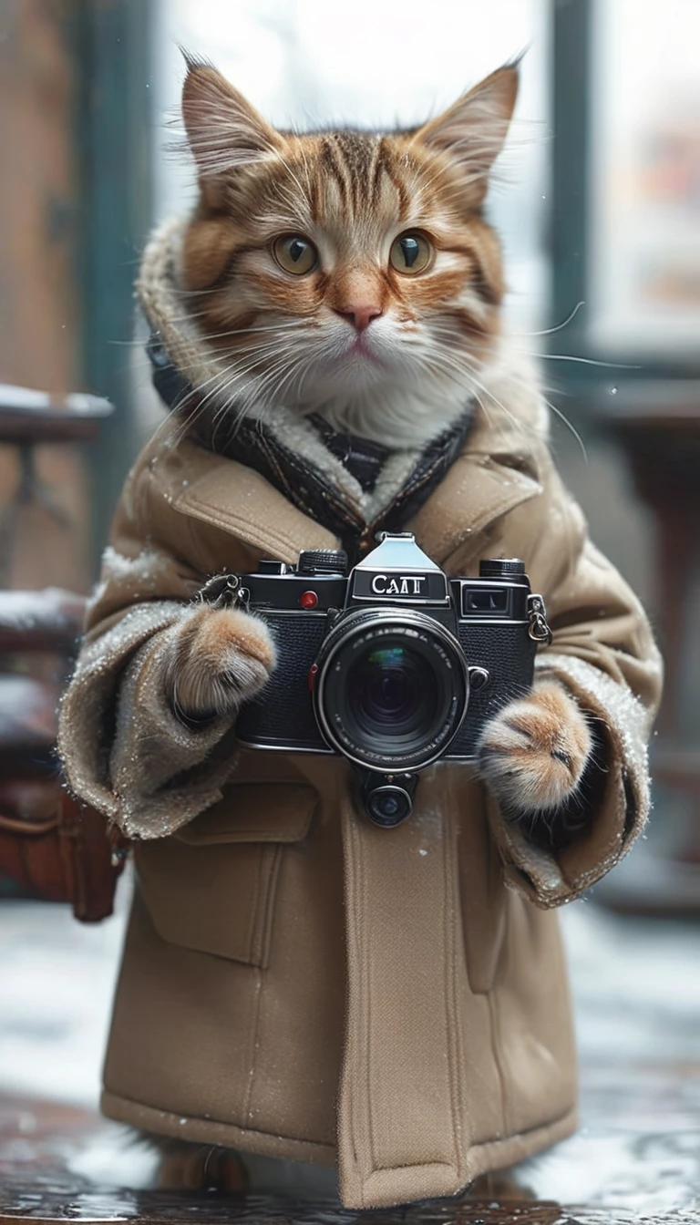 There is a cat wearing a coat and holding a camera., Cat Picturesgraphy, looking at the camera!!!, Cat Pictures, !! Looking into the camera!!, Looking into the camera, Looking at the camera, Looking into the camera, looking at the camera, Looking into the camera, Ultra-realistic photos, Looking into the camera, Highly realistic photos, Very accurate pictures
