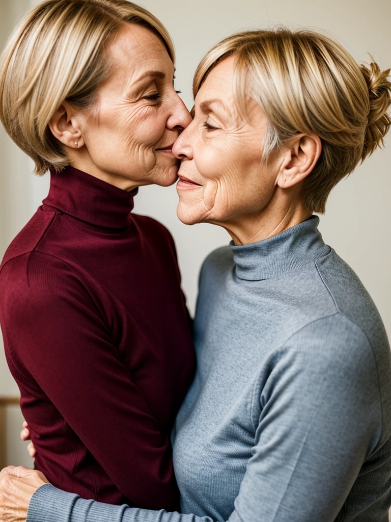 2 old wrinkly granny female friends both wearing tight tibbed turtlenecks, passionately kissing each other, females look completely different to each other, blonde