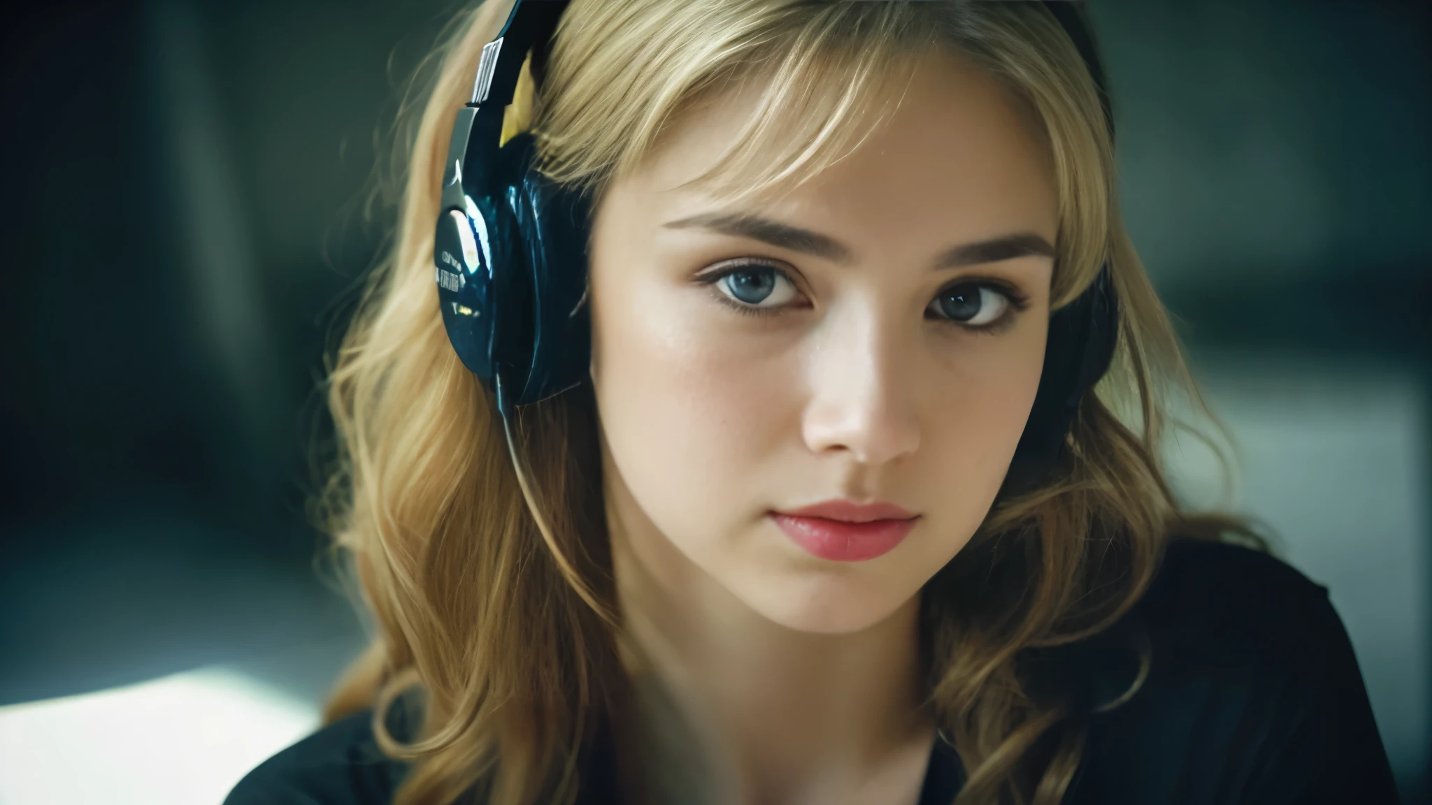 Beautiful blonde with big breasts in a black T-shirt (Sitting in tears in the dark ruins),Wearing headphones,Very detailed, 21 years old, Innocent face, Naturally Wavy Hair, blue eyes, High resolution, masterpiece, Highest quality, Intricate details, Very detailed, Clear focus, Delicate skin, practical skin texture, texture, Delicate eyes, Professional, 4K, Sad crying face, Shot with Canon, 85mm, Shallow and deep, Kodak Vision Color, Exactly, Very detailed, photograph_\(Extremist\), photographpractical, practical, Post-processing, Maximum details, Roughness, Real Life, Extremist practical, Photorealism, photographgraphy, 8K Ultra HD, photographgraphy