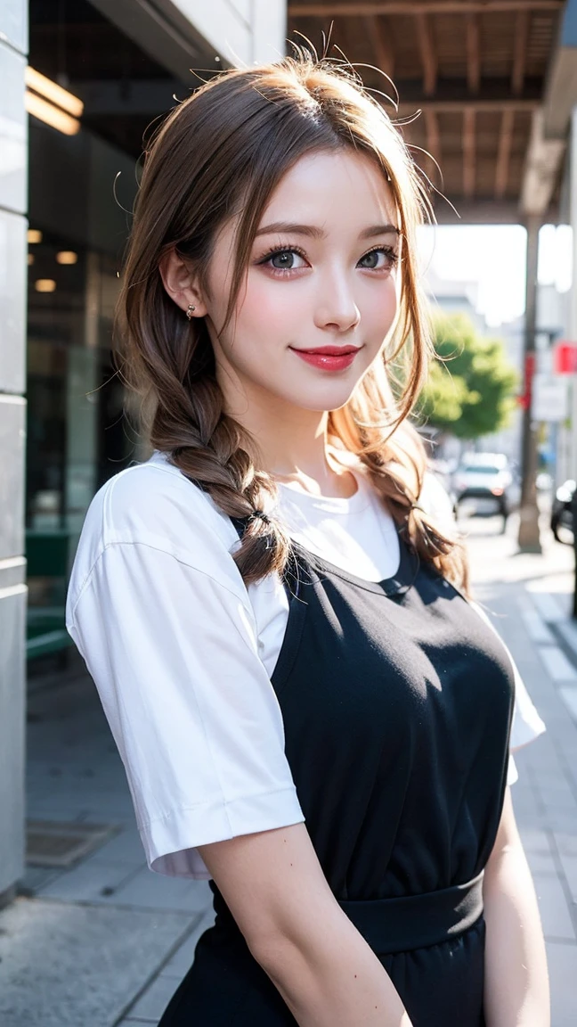 blonde de 25 ans, très classe, en tenue plage, maillot gris , yeux verts bleus, marche dans la rue , Flirte avec la camera, cheveux brown, cheveux blancs, French braid, Se maquiller, sourire, 85 millimètres, chanoine, F/1.2, UHD, anatomiquement correct, chef-d'œuvre, Peau texturée, super détail, détails élevés, haute qualité, primé, meilleure qualité, haute résolution, 8k, Arrière-plan flou, Light at the beginning oF the day, (Marilyn Monroe:0.8)