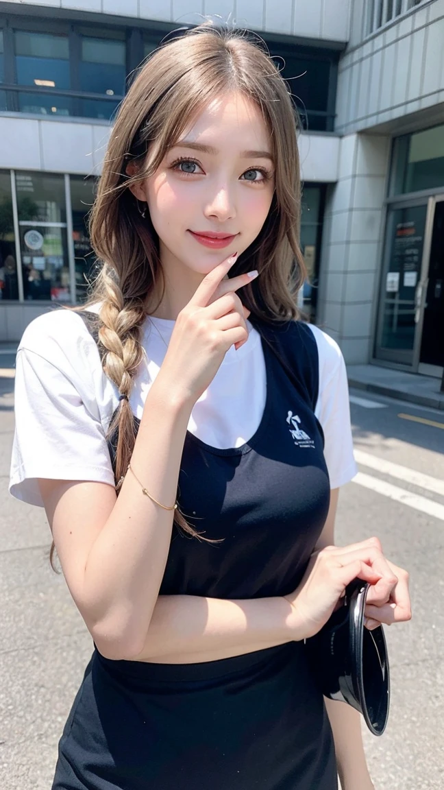 blonde de 25 ans, très classe, en tenue plage, maillot gris , yeux verts bleus, marche dans la rue , Flirte avec la camera, cheveux brown, cheveux blancs, French braid, Se maquiller, sourire, 85 millimètres, chanoine, F/1.2, UHD, anatomiquement correct, chef-d'œuvre, Peau texturée, super détail, détails élevés, haute qualité, primé, meilleure qualité, haute résolution, 8k, Arrière-plan flou, Light at the beginning oF the day, (Marilyn Monroe:0.8)