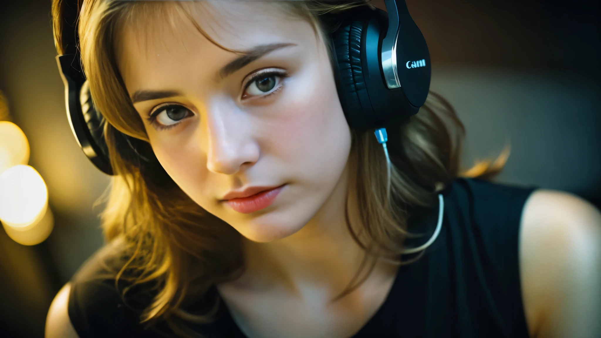 Beautiful blonde with big breasts in a black T-shirt (Sitting in tears in the dark ruins),Wearing headphones,Very detailed, 21 years old, Innocent face, Naturally Wavy Hair, blue eyes, High resolution, masterpiece, Highest quality, Intricate details, Very detailed, Clear focus, Delicate skin, practical skin texture, texture, Delicate eyes, Professional, 4K, Sad crying face, Shot with Canon, 85mm, Shallow and deep, Kodak Vision Color, Exactly, Very detailed, photograph_\(Extremist\), photographpractical, practical, Post-processing, Maximum details, Roughness, Real Life, Extremist practical, Photorealism, photographgraphy, 8K Ultra HD, photographgraphy