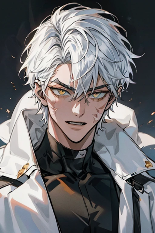 Manhwa Arte Europeo, 25-year-old male, Messy headboard hair, jet white hair, piercing eyes, bushy eyebrows, Wear a vampire costume, yellow  eyes, pointy ears, fangs coming out of its mouth, blood dripping from your mouth, threatening, sexly, sensuous,  Sharp chin, penetrating gaze, Cold and mysterious character, 8K, detailed features, Very beauthful, horizontal scar on face