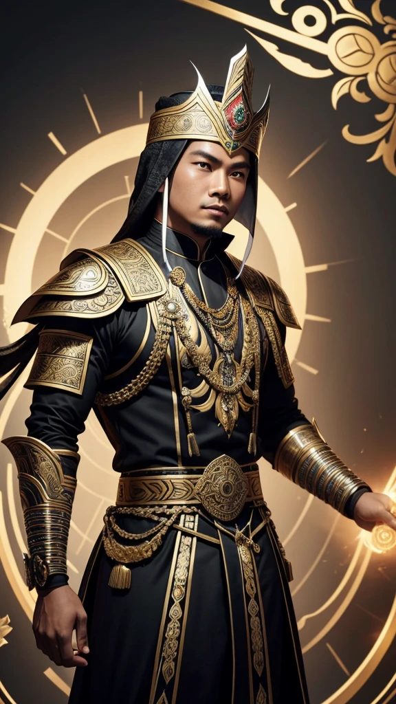 "Create an image of Tuanku Imam Bonjol, an Indonesian national hero from Minangkabau, wearing a futuristic, high-tech version of traditional Minangkabau warrior attire. His outfit should blend sleek metallic textures and glowing elements with traditional Minangkabau patterns and designs. He should be holding a futuristic weapon, symbolizing his strength and leadership in battle."